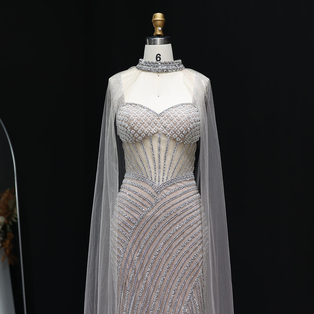 Elegant Crystal Lilac Evening Dress with Cape SS070