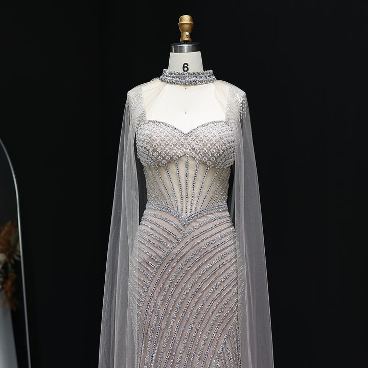 Elegant Crystal Lilac Evening Dress with Cape SS070