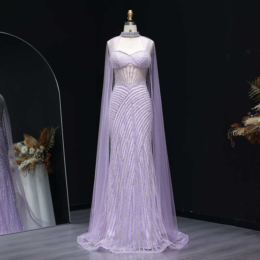 Elegant Crystal Lilac Evening Dress with Cape SS070