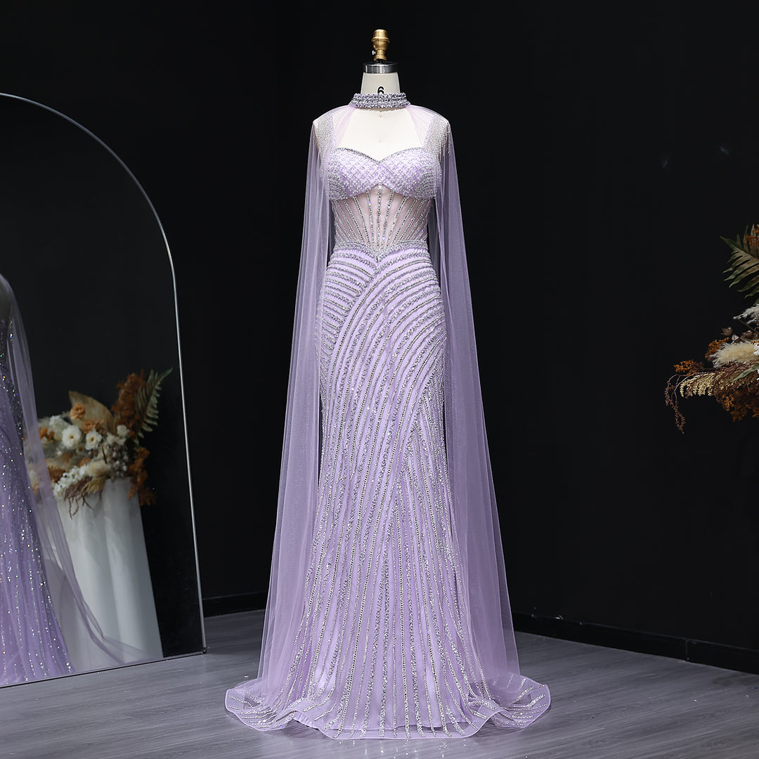 Elegant Crystal Lilac Evening Dress with Cape SS070