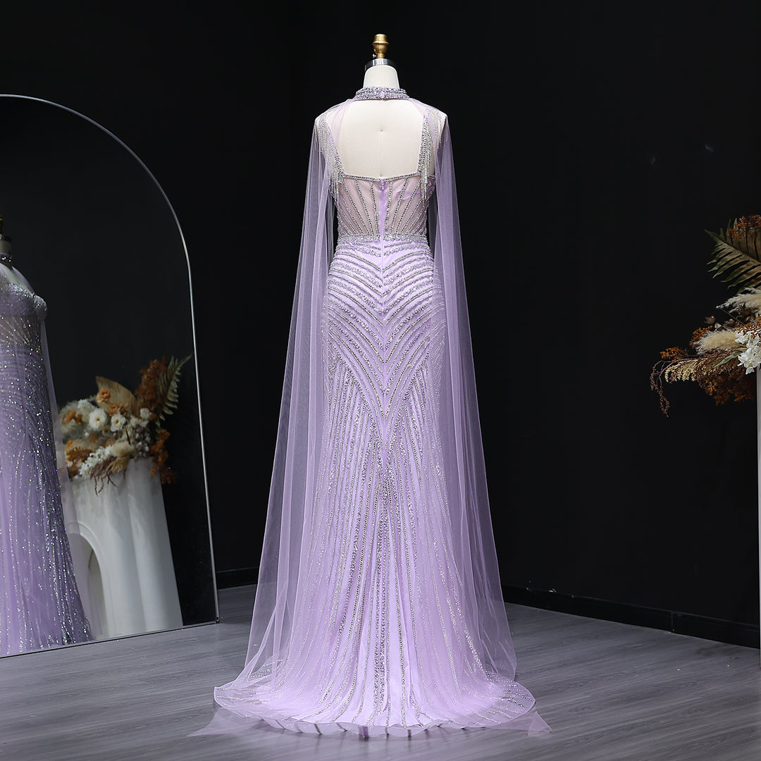 lilac and silver dress Luxury Tassel Lilac Off Shoulder Evening Dress with Cape SS708