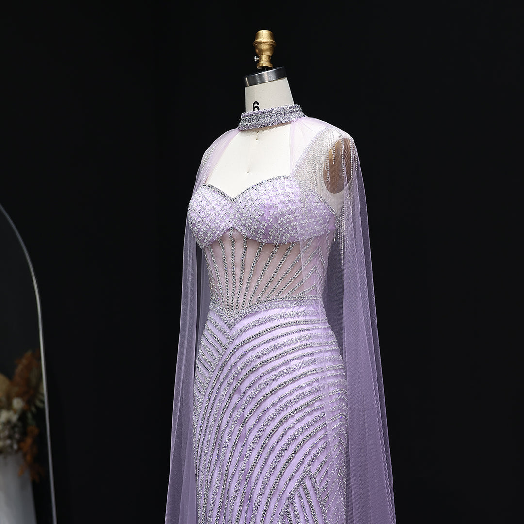 Elegant Crystal Lilac Evening Dress with Cape SS070