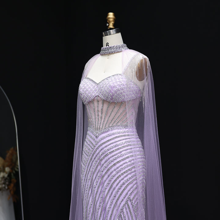 Elegant Crystal Lilac Evening Dress with Cape SS070