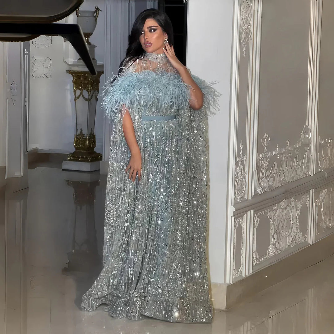 Elegant Dubai Style Blue Evening Dress with Beads and Feathers SS665-DreamyVow