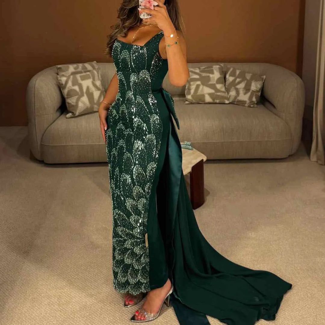 Elegant Emerald Green Beaded Gown with Bow Train Evening Dress SS648 Emerald Green / Custom Size Elegant Emerald Green Beaded Gown with Bow Train Evening Dress SS648 Emerald Green / Custom Size