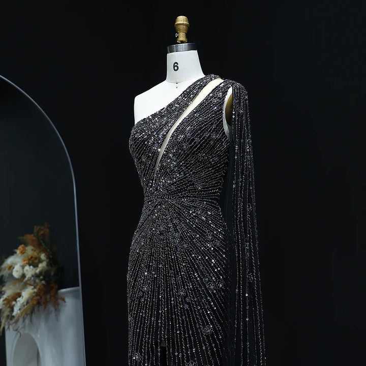 Elegant Evening Dress with One Shoulder and Beading SS317