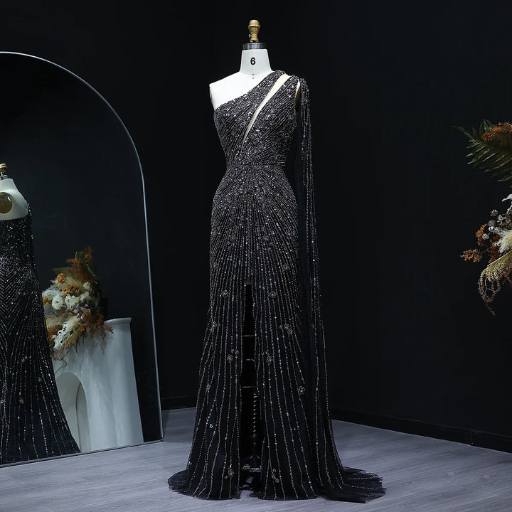 Elegant Evening Dress with One Shoulder and Beading SS317
