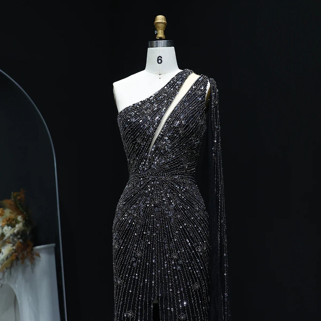 Elegant Evening Dress with One Shoulder and Beading SS317