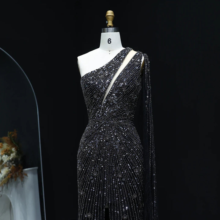 Elegant Evening Dress with One Shoulder and Beading SS317