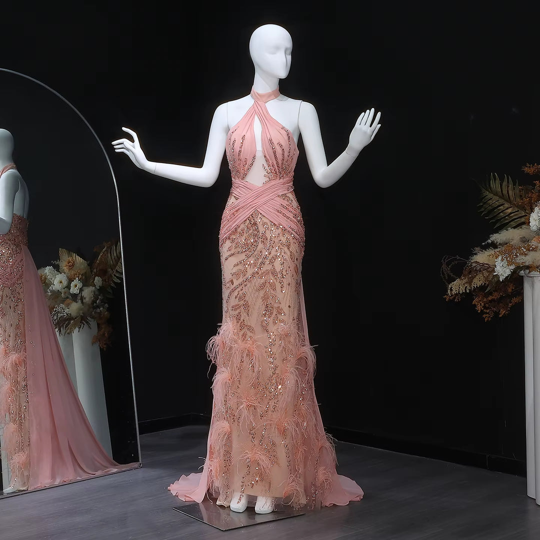 Elegant Feather Evening Dress with Sparkling Beads and Overskirt SS576