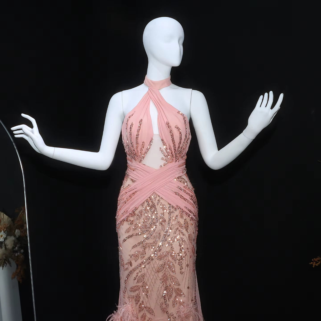 Elegant Feather Evening Dress with Sparkling Beads and Overskirt SS576