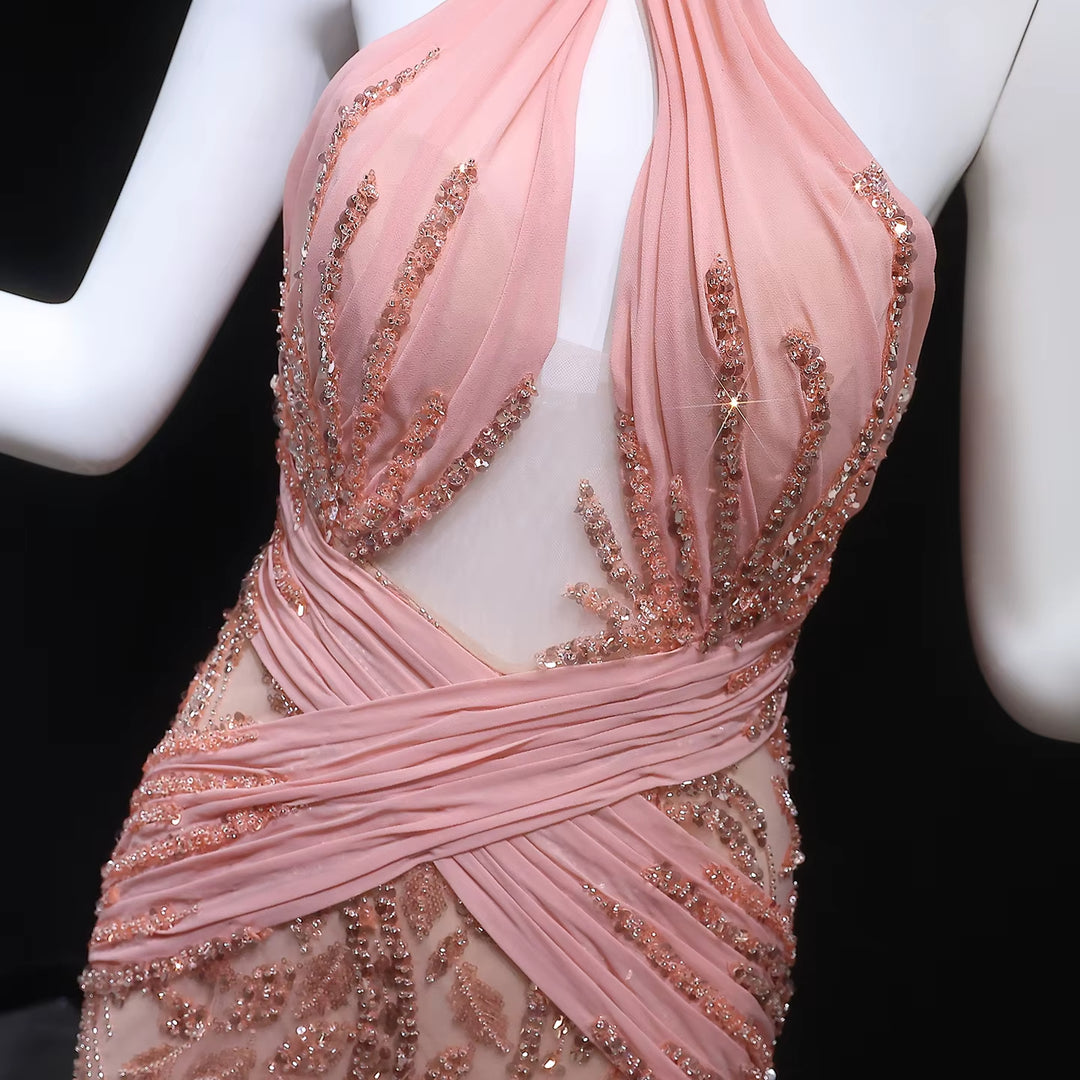 Elegant Feather Evening Dress with Sparkling Beads and Overskirt SS576