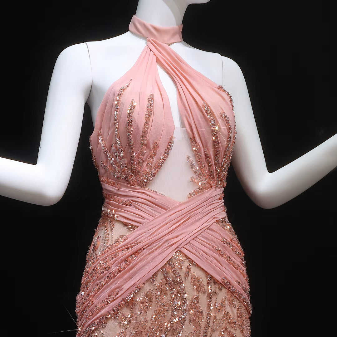 Elegant Feather Evening Dress with Sparkling Beads and Overskirt SS576
