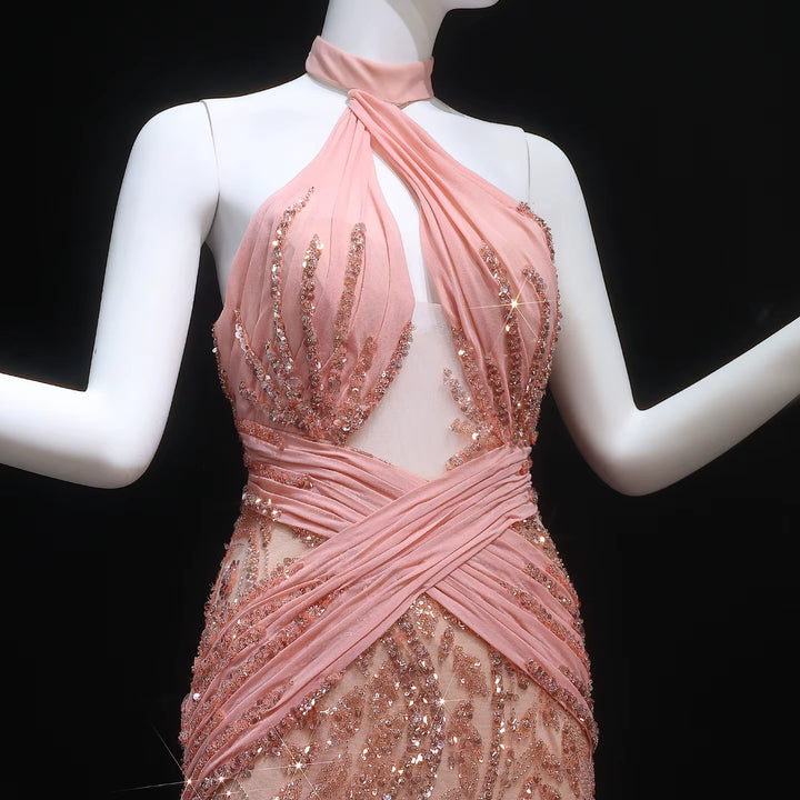 Elegant Feather Evening Dress with Sparkling Beads and Overskirt SS576