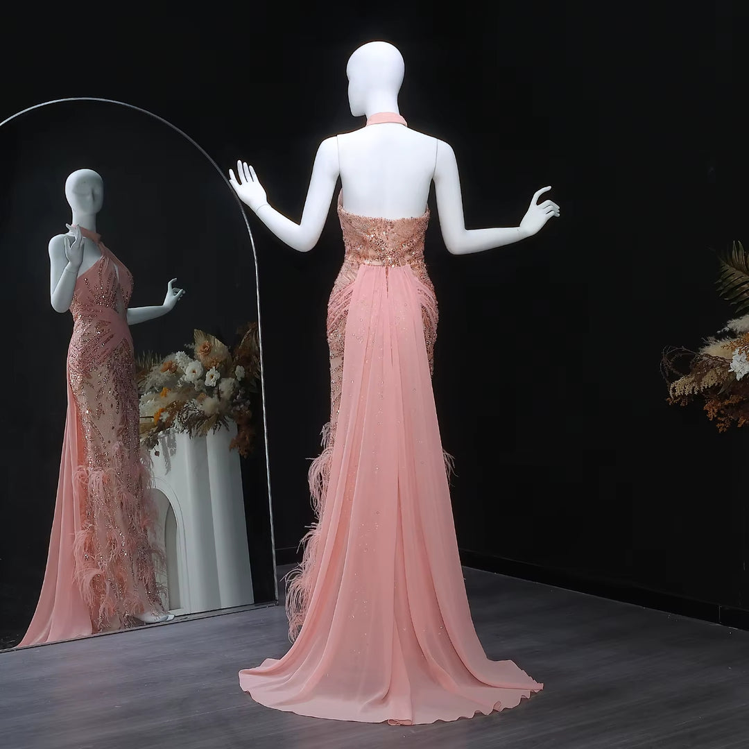 Elegant Feather Evening Dress with Sparkling Beads and Overskirt SS576