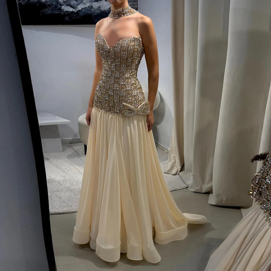 Elegant Gold Crystal Beaded Strapless Evening Dress Chiffon Skirt SS504-DreamyVow
