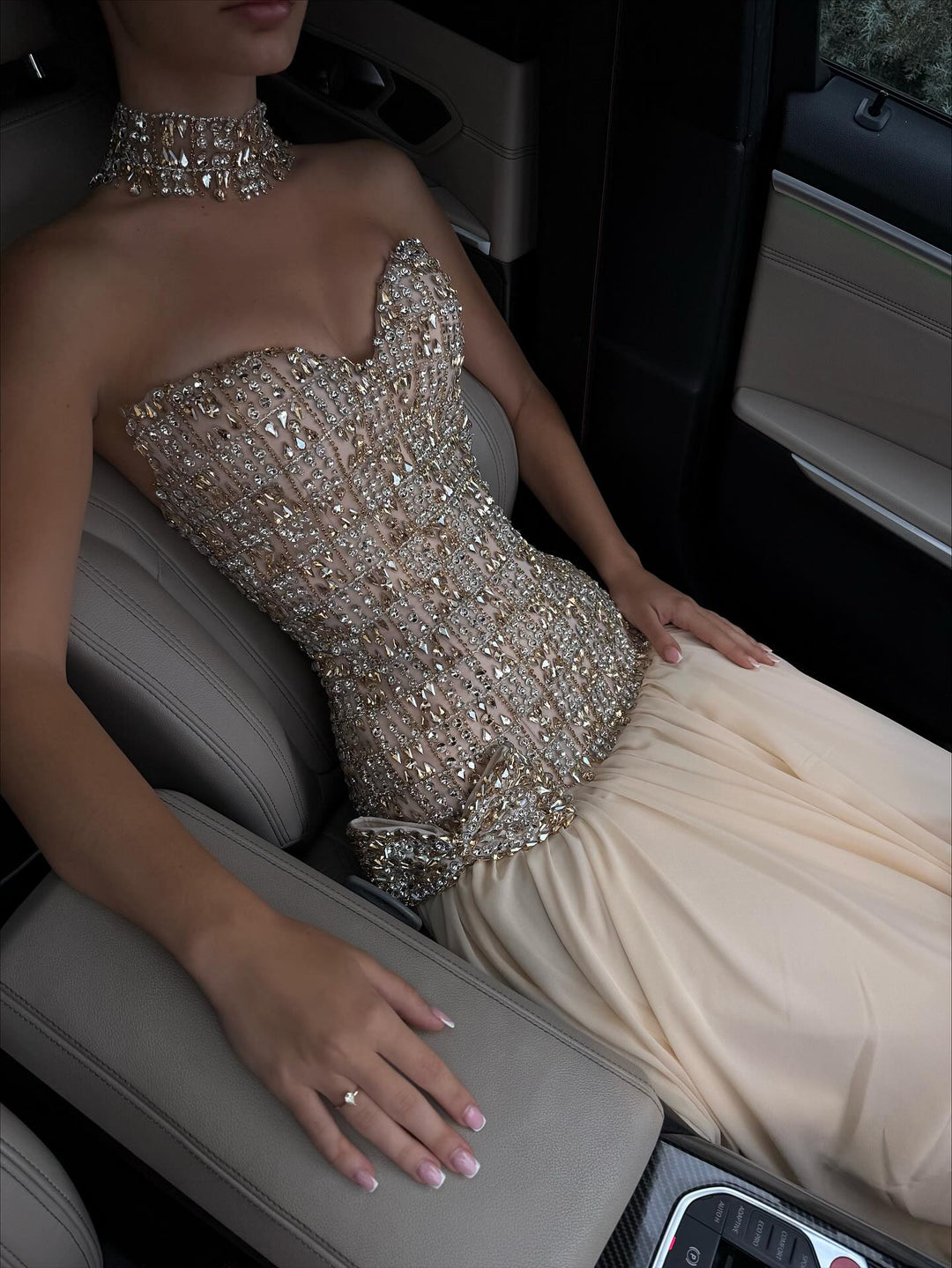Elegant Gold Crystal Beaded Strapless Evening Dress Chiffon Skirt SS504-DreamyVow