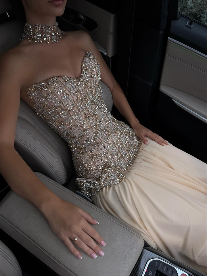Elegant Gold Crystal Beaded Strapless Evening Dress Chiffon Skirt SS504-DreamyVow