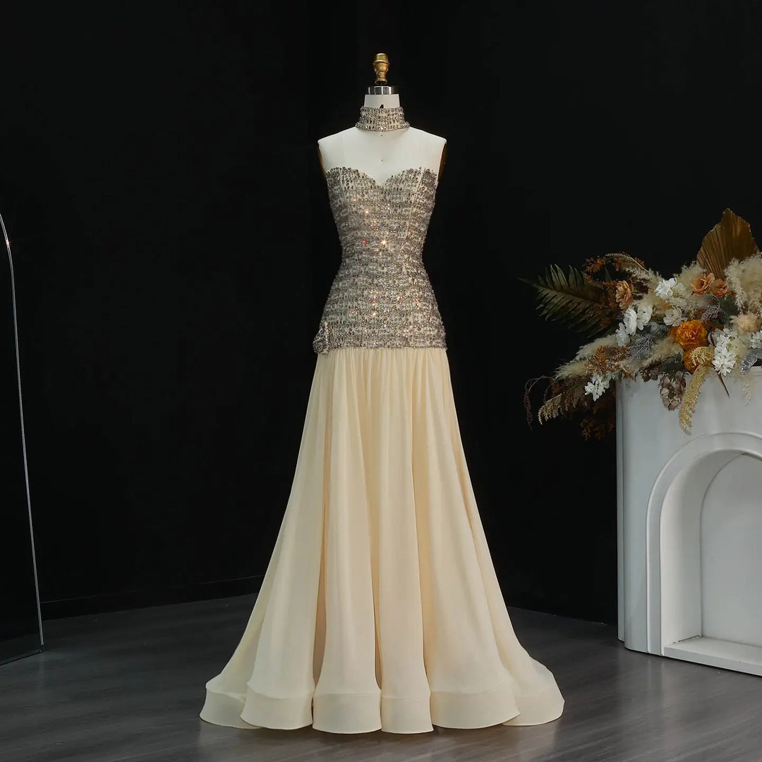 Elegant Gold Crystal Beaded Strapless Evening Dress Chiffon Skirt SS504-DreamyVow