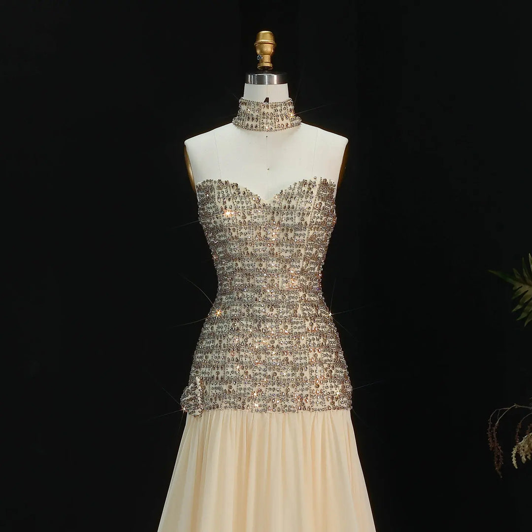 Elegant Gold Crystal Beaded Strapless Evening Dress Chiffon Skirt SS504-DreamyVow