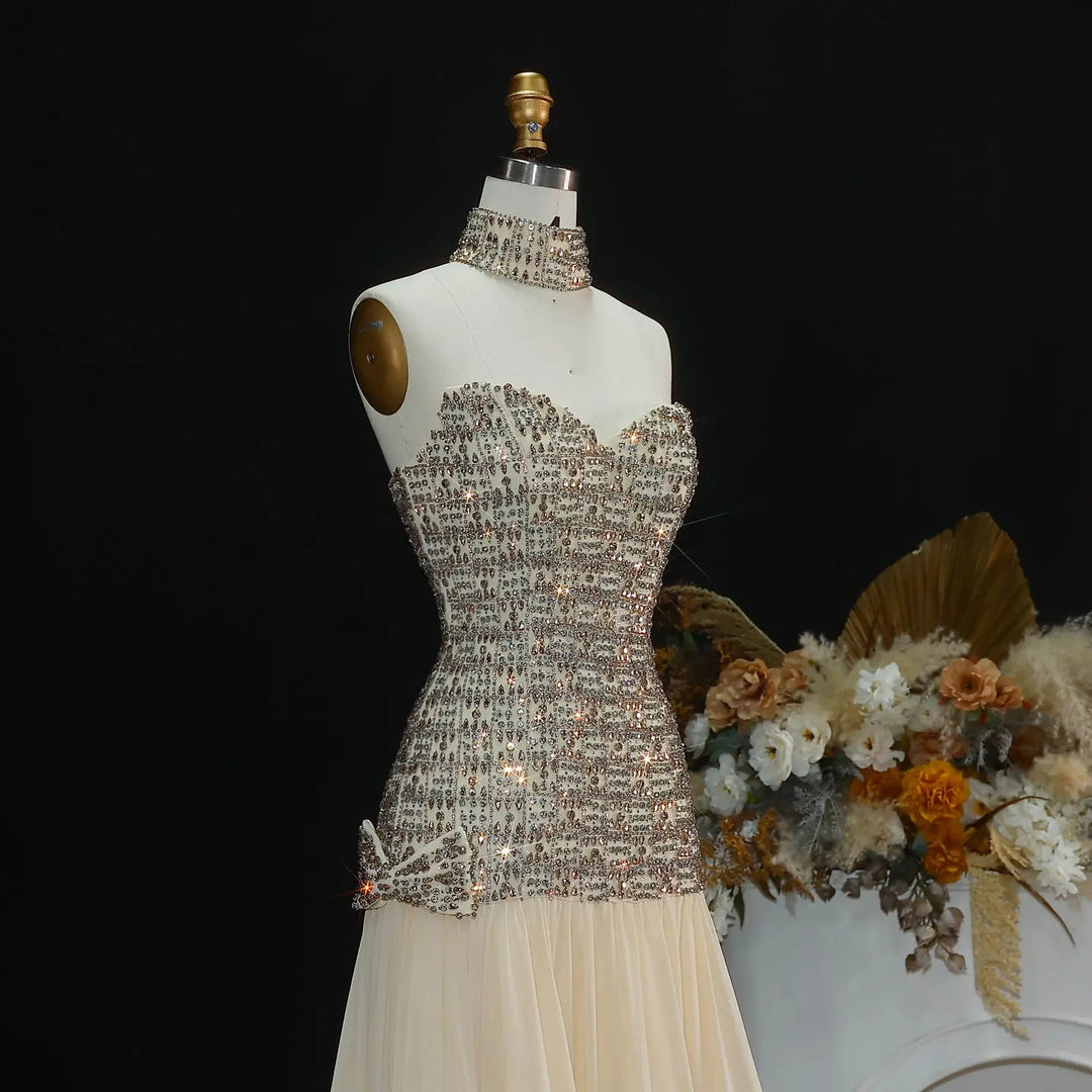 Elegant Gold Crystal Beaded Strapless Evening Dress Chiffon Skirt SS504-DreamyVow