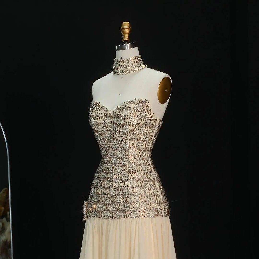 Elegant Gold Crystal Beaded Strapless Evening Dress Chiffon Skirt SS504-DreamyVow