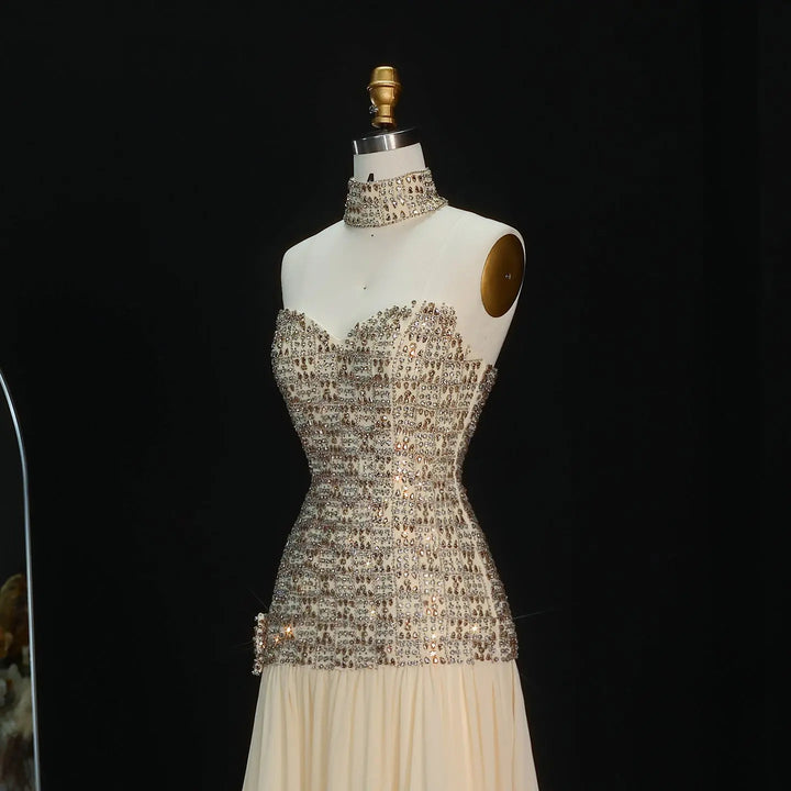 Elegant Gold Crystal Beaded Strapless Evening Dress Chiffon Skirt SS504-DreamyVow