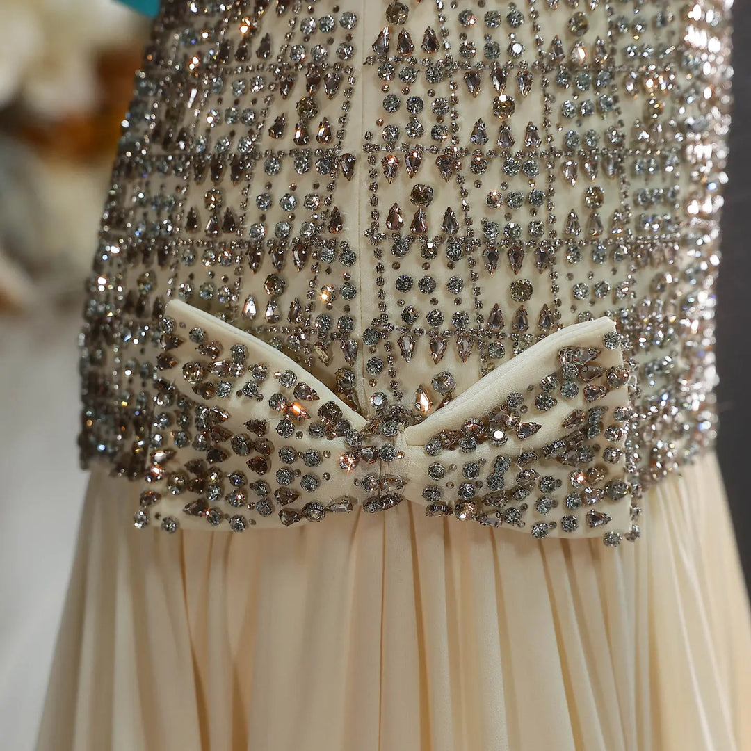 Elegant Gold Crystal Beaded Strapless Evening Dress Chiffon Skirt SS504-DreamyVow