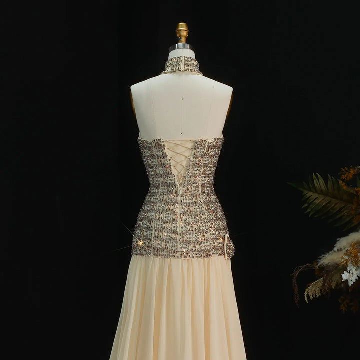 Elegant Gold Crystal Beaded Strapless Evening Dress Chiffon Skirt SS504-DreamyVow