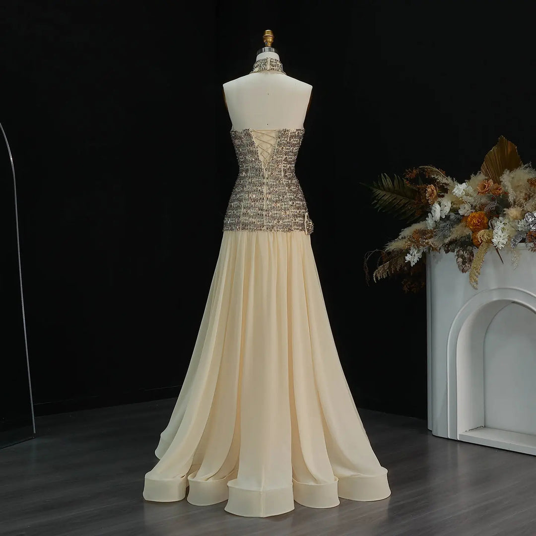 Elegant Gold Crystal Beaded Strapless Evening Dress Chiffon Skirt SS504-DreamyVow