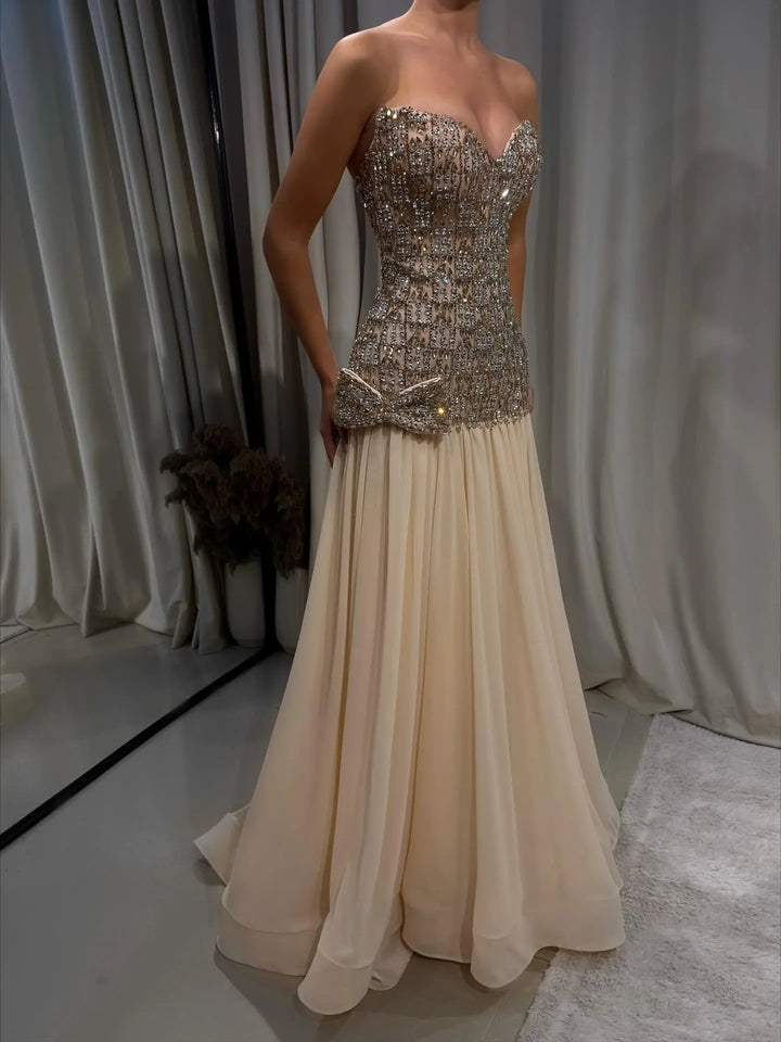 Elegant Gold Crystal Beaded Strapless Evening Dress Chiffon Skirt SS504-DreamyVow