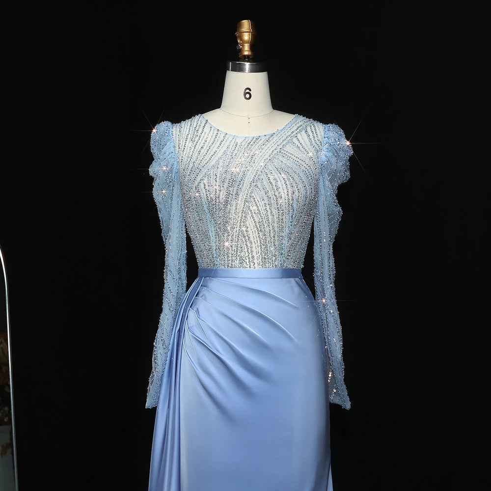 Elegant Gold Mermaid Long Sleeves Evening Dress Blue SS072