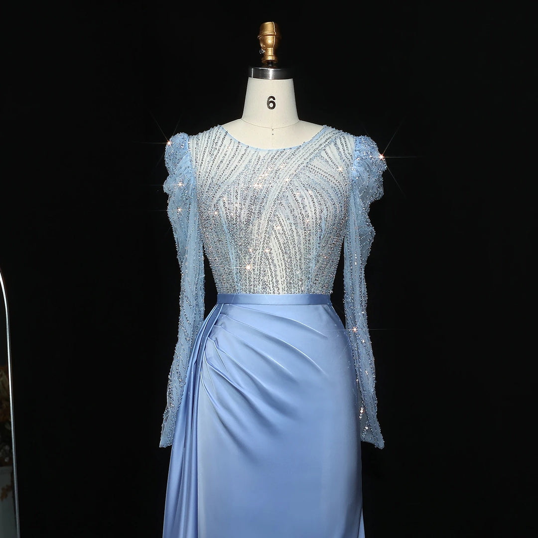Elegant Gold Mermaid Long Sleeves Evening Dress Blue SS072