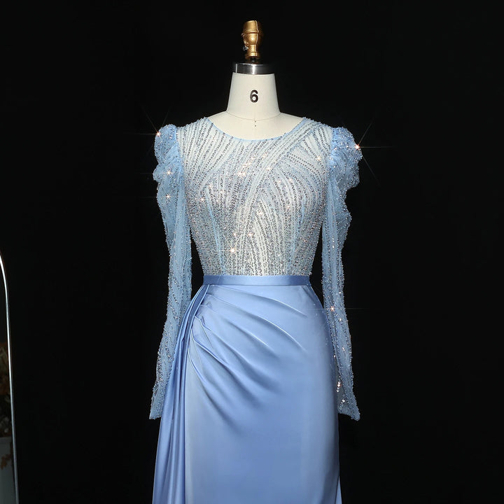 Elegant Gold Mermaid Long Sleeves Evening Dress Blue SS072