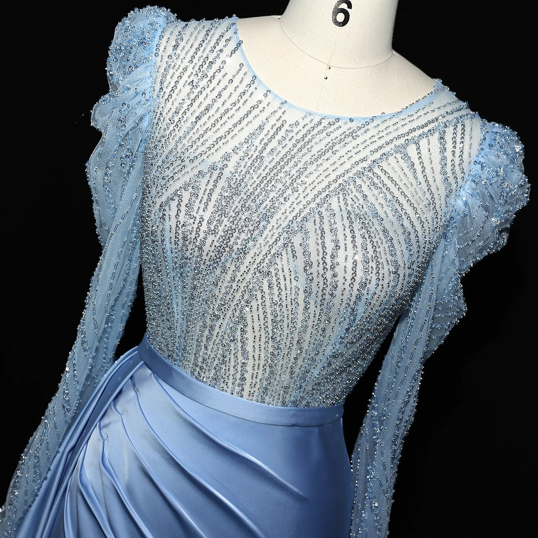 Elegant Gold Mermaid Long Sleeves Evening Dress Blue SS072
