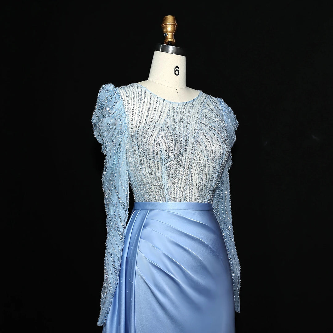 Elegant Gold Mermaid Long Sleeves Evening Dress Blue SS072