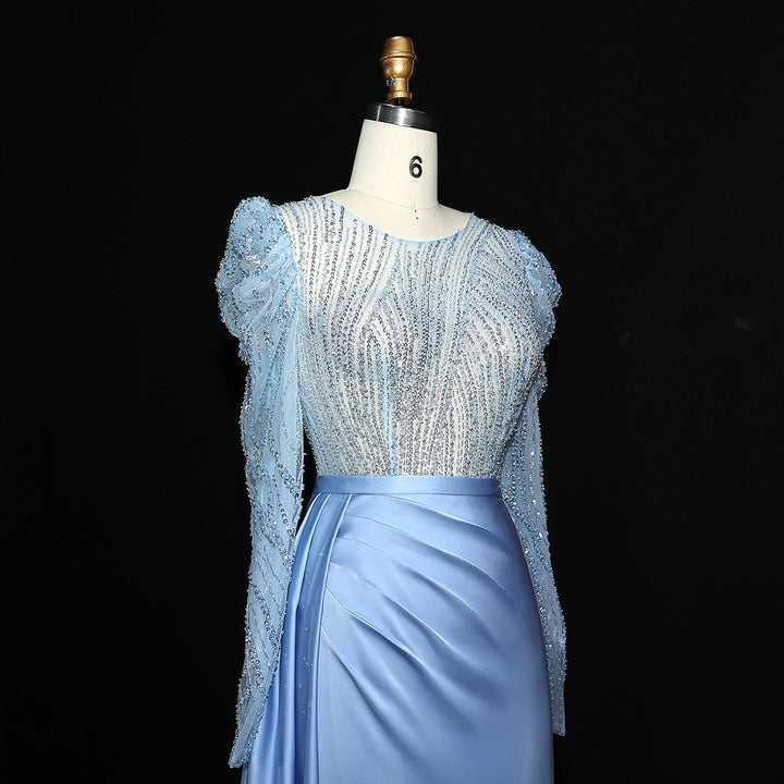 Elegant Gold Mermaid Long Sleeves Evening Dress Blue SS072