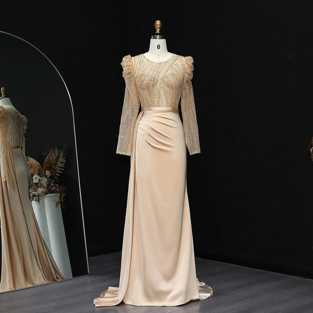 Elegant Gold Mermaid Long Sleeves Evening Dress Blue SS072