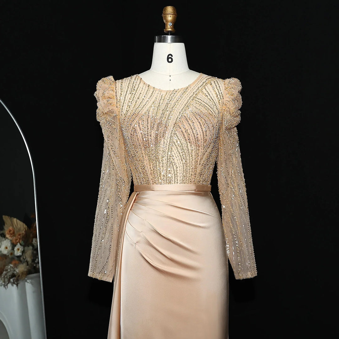 Elegant Gold Mermaid Long Sleeves Evening Dress Blue SS072-DreamyVow