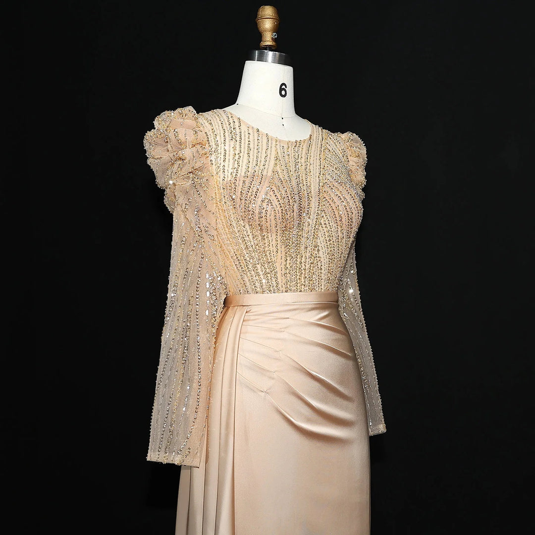 Elegant Gold Mermaid Long Sleeves Evening Dress Blue SS072