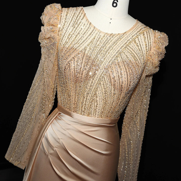 Elegant Gold Mermaid Long Sleeves Evening Dress Blue SS072