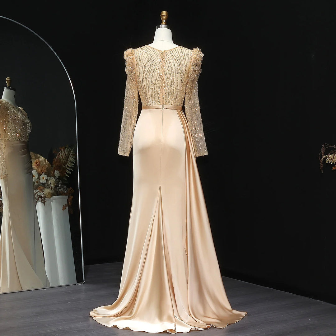 Elegant Gold Mermaid Long Sleeves Evening Dress Blue SS072