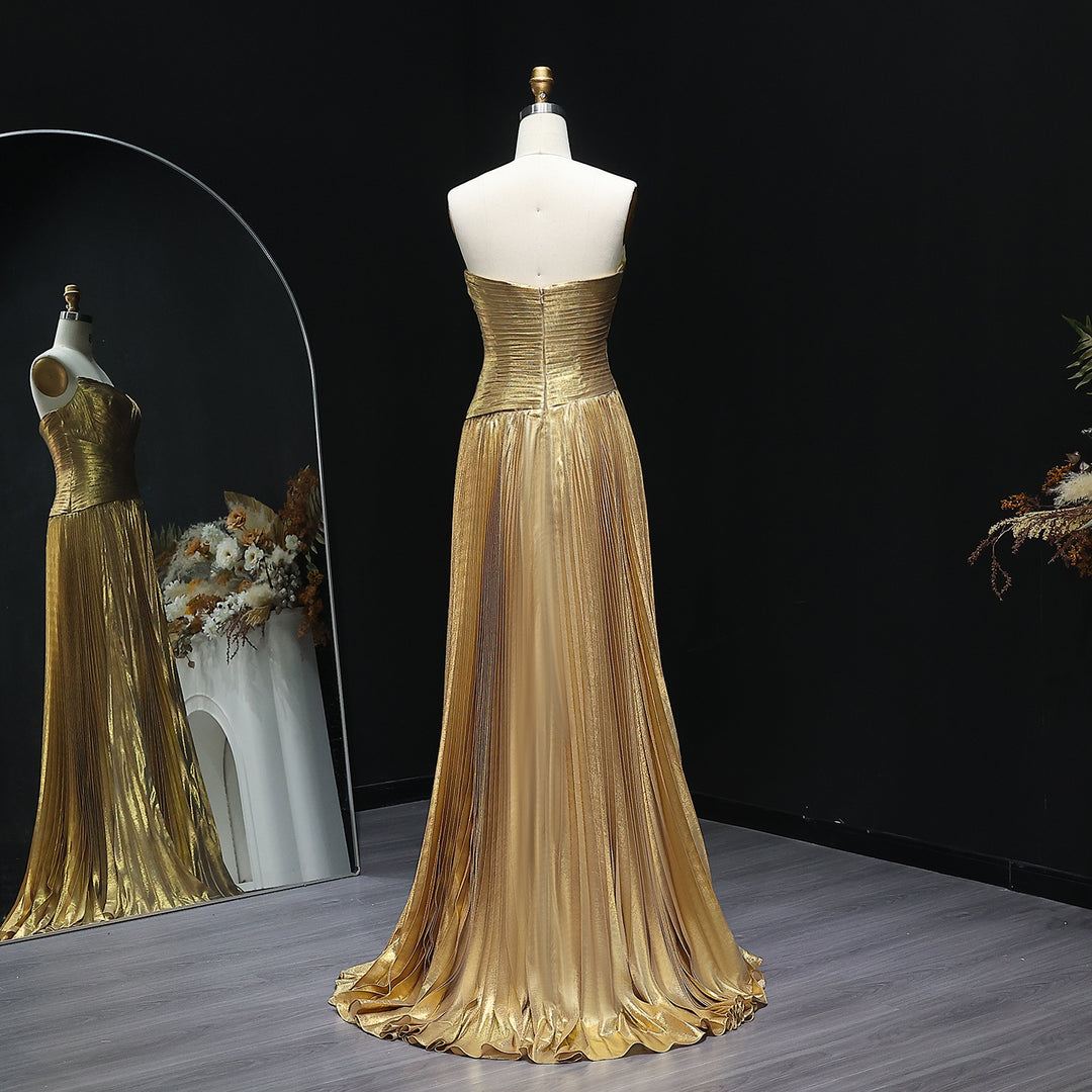 Elegant Gold Pleats Strapless Draped Evening Dress SF208
