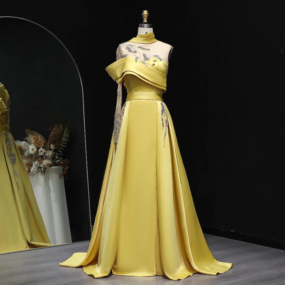 Elegant Gold Yellow Satin Arabic Gown One Sleeve Overskirt Wedding Party SS302 Elegant Gold Yellow Satin Arabic Gown One Sleeve Overskirt Wedding Party SS302