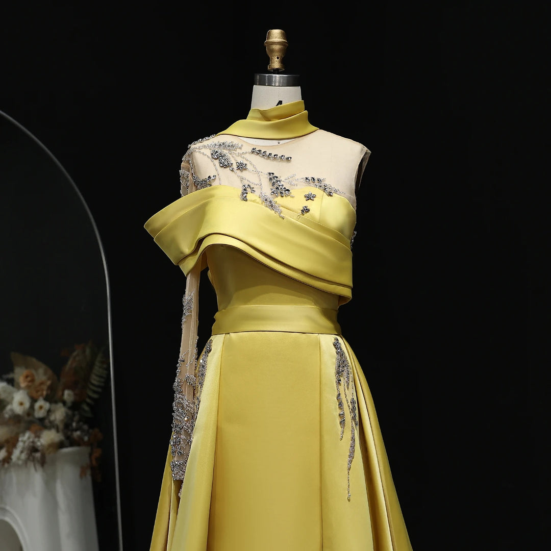 Elegant Gold Yellow Satin Arabic Gown One Sleeve Overskirt Wedding Party SS302