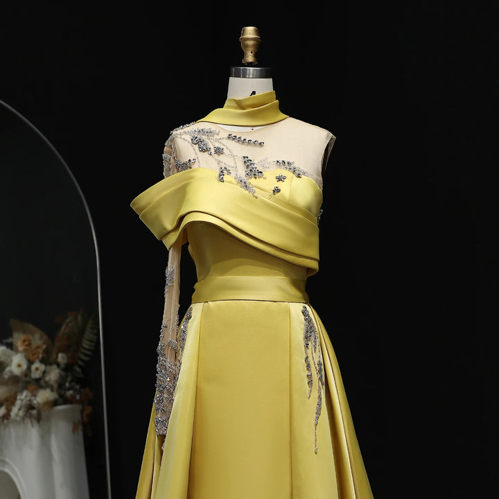 Elegant Gold Yellow Satin Arabic Gown One Sleeve Overskirt Wedding Party SS302