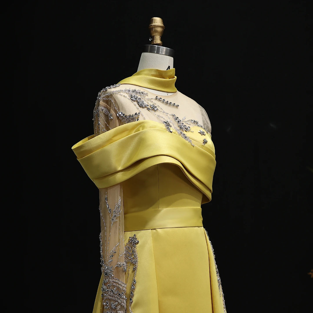 Elegant Gold Yellow Satin Arabic Gown One Sleeve Overskirt Wedding Par DreamyVow Elegant Gold Yellow Satin Arabic Gown One Sleeve Overskirt Wedding Par DreamyVow