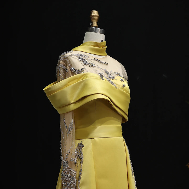 Elegant Gold Yellow Satin Arabic Gown One Sleeve Overskirt Wedding Party SS302