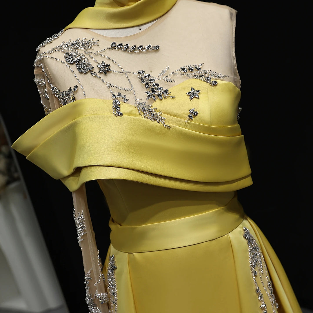 slim fit dress slacks Elegant Gold Yellow Satin Arabic Gown One Sleeve Overskirt Wedding Par –  DreamyVow