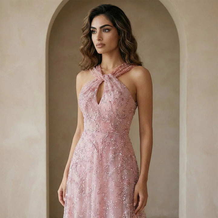 Elegant Gradient Pink Beaded Sequin Halter Prom Dress SS709-DreamyVow